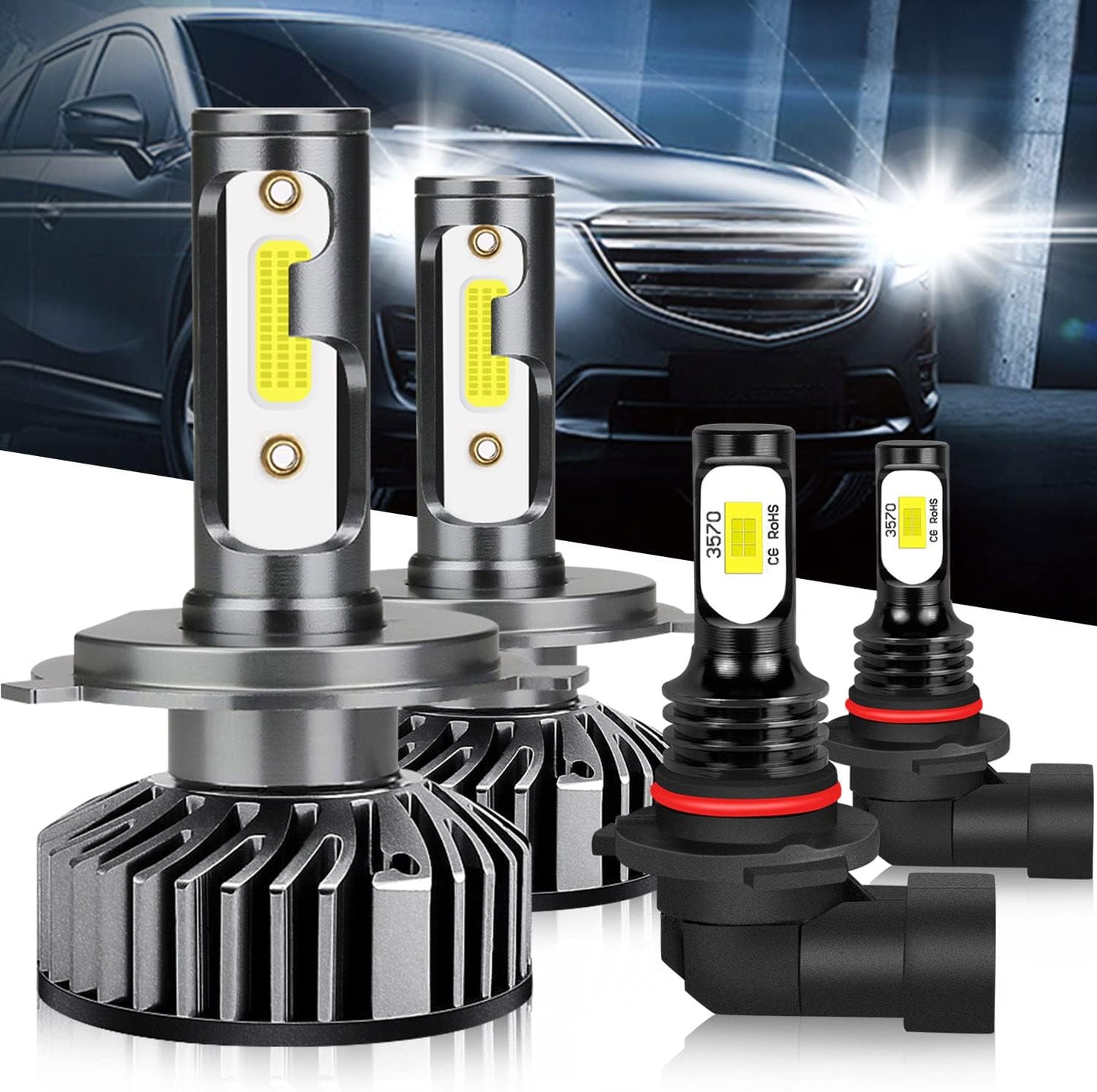 Fit for DODGE RAM 1500 2500 3500 (2002-2005) LED Bulbs 9007 High/Low Beam + 9006 LED Fog Light Bulbs Combo, 300% Brightness, 6000K Cool White, IP68 Waterproof Halogen Replacements, 4PCS