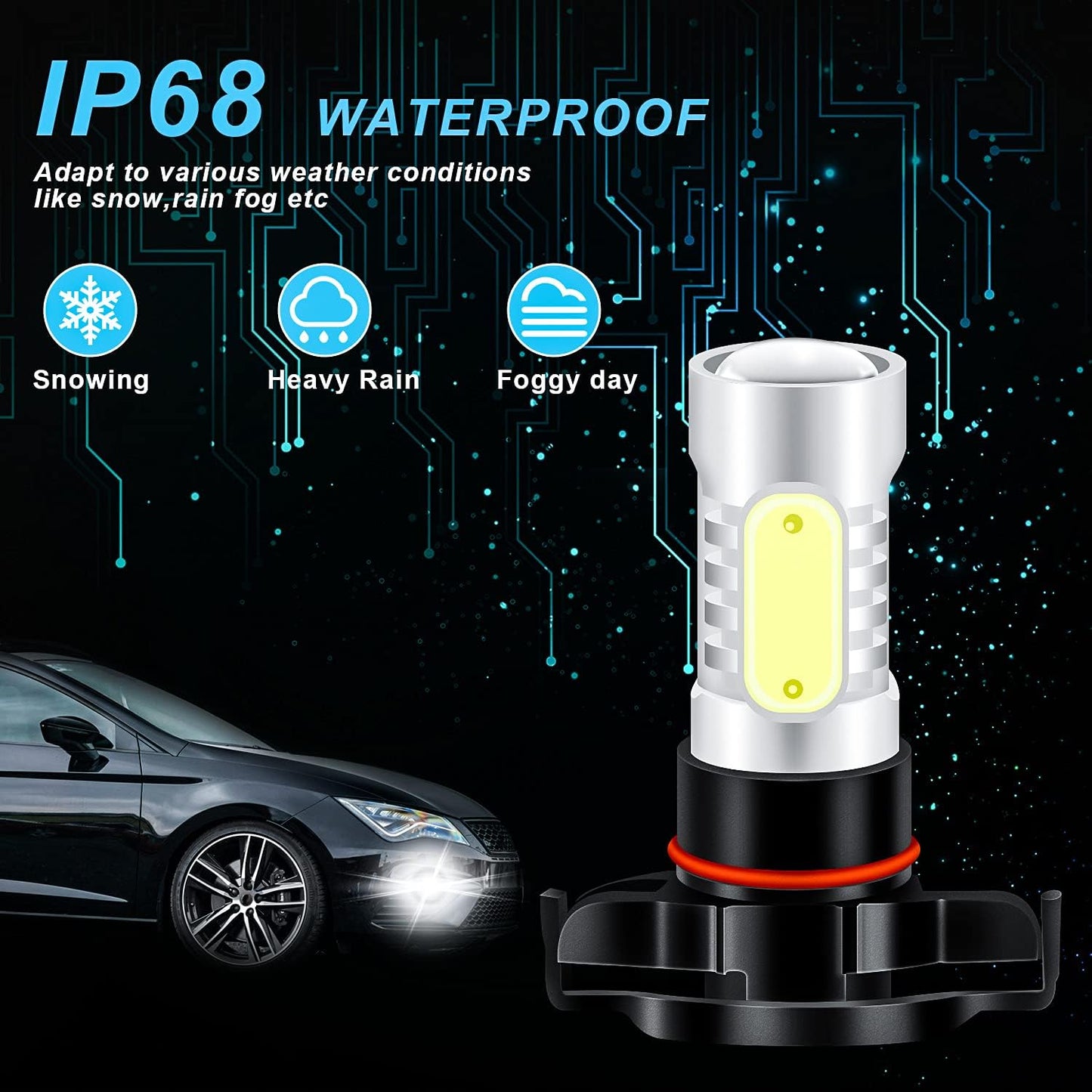 SHENKENUO 5201/5202 LED Fog Light Bulbs, 6000K Cool White, DRL Bulbs Replacement for 12V 24V Cars, Pack of 2