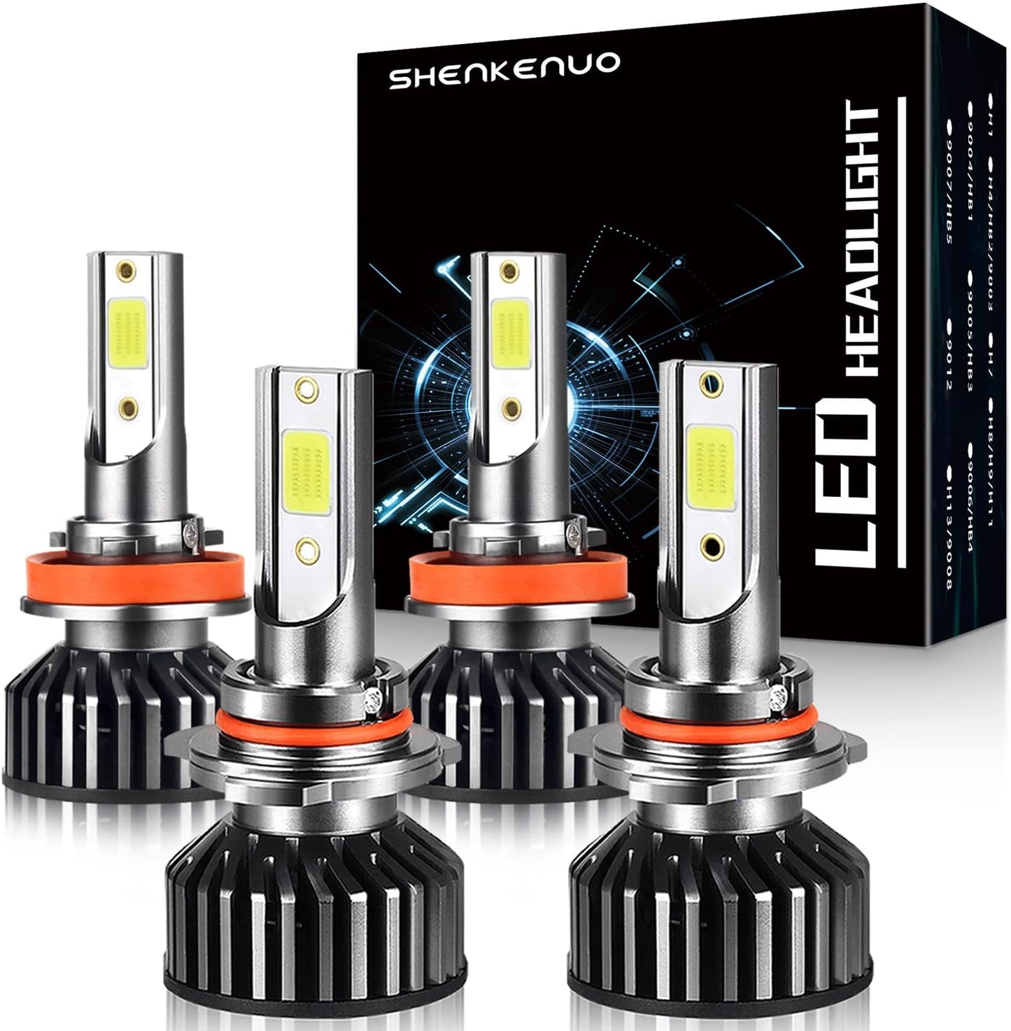 SHENKENUO 9005/HB3 H11/H9/H8 LED Headlight Bulbs，Super Bright 6000K High/Low Beam LED Headlight Kit Combo,Pack of 4