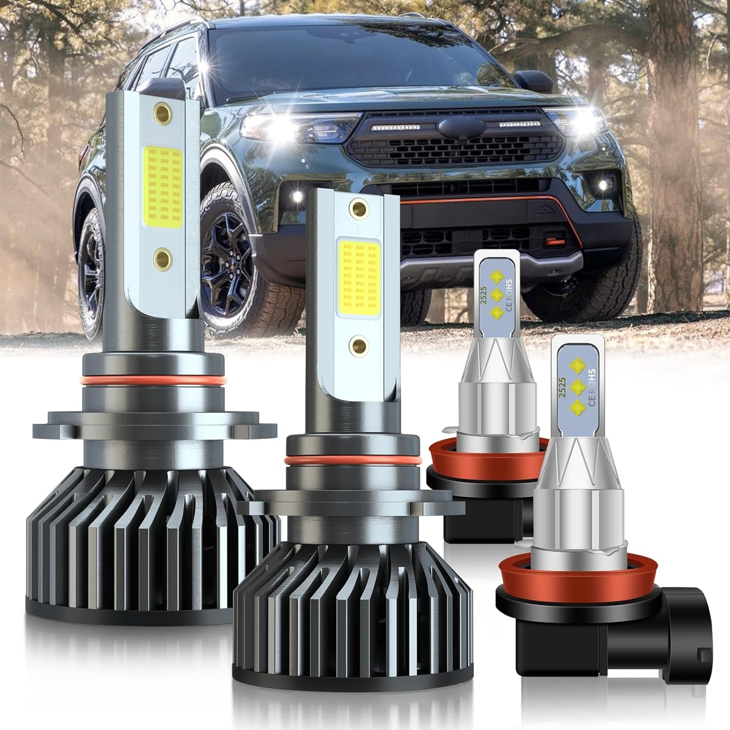 Fit For Ford Explorer (2011 2012 2013 2014 2015) LED Headlight Bulbs 9005 High/Low Beam LED Bulbs + H11 LED Fog Light Bulbs, Super Bright 6500K Cool White, Pack of 4