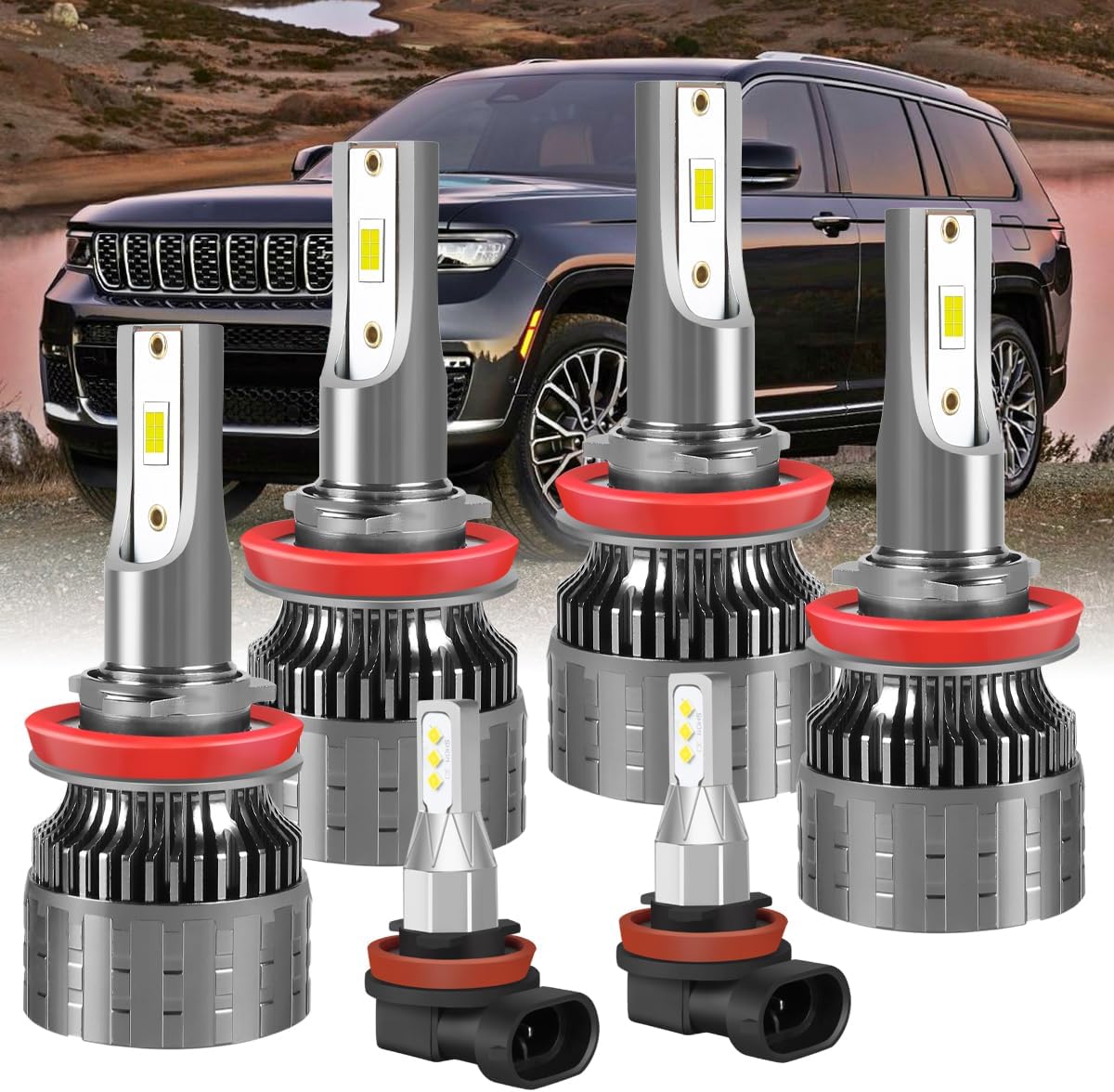 Fit for Jeep Grand Cherokee 2017-2021 Headlight Bulbs,Upgraded H11 High Beam+H11 Low Beam+H11 Fog Bulbs,6000K Cool White 38000LM 130W,Farther & Clearer,6PCS