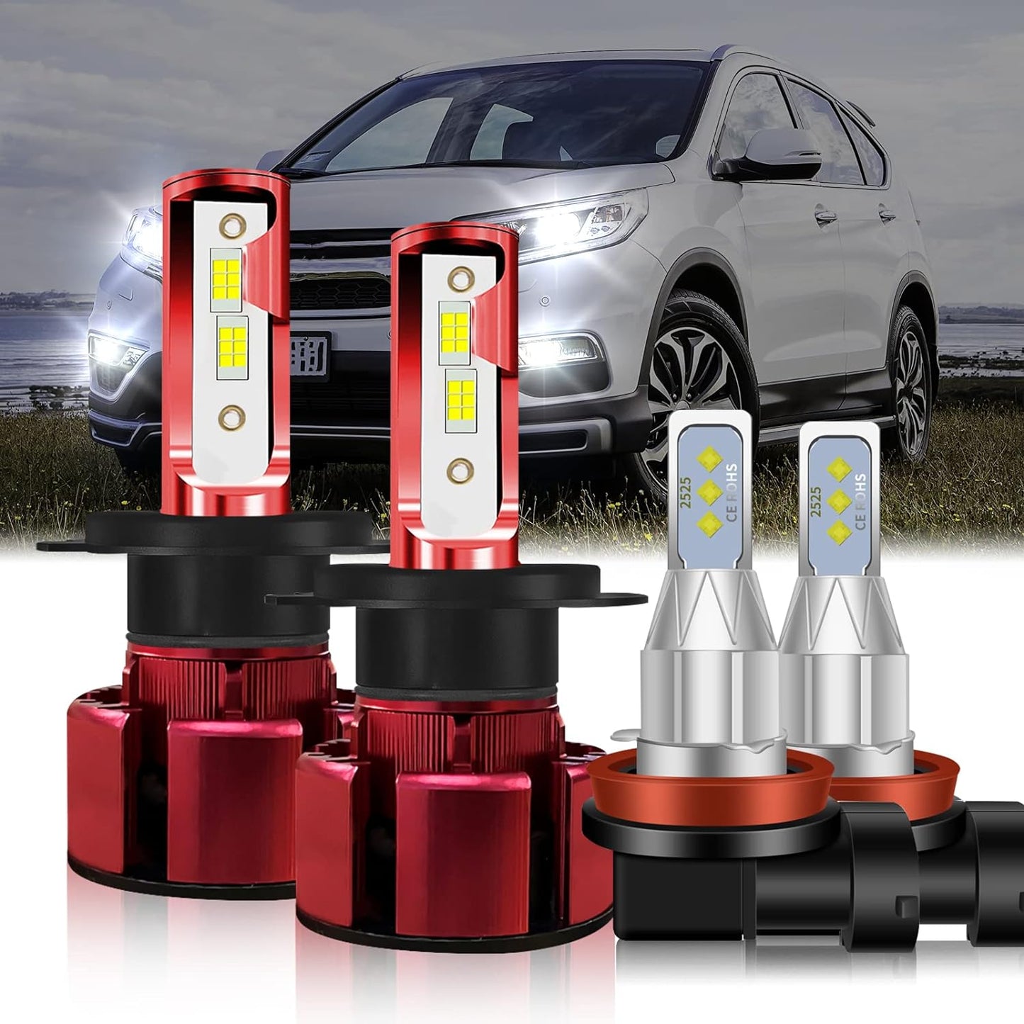 Fit (2002-2004/2007-2014) for HONDA CR-V CRV LED Headlight Bulbs,9003/H4 High Low Dual Beam+H11/H8/H16 Fog Light LED Bulbs 500% Brightness 80W 38000LM 6800K Cool White 4pcs Led Bulbs Kit