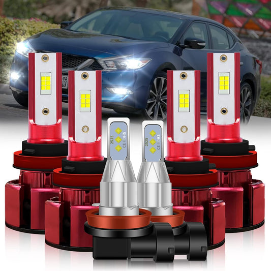 Fit 2016-2018 for NISSAN MAXIMA LED Headlight Bulbs,H9/H11 High Beam and H11/H9 Low Beam and H11/H8/H16 Fog Light LED Headlight Bulbs 38000LM 80W 6500K Cool White 6pcs Bulbs Kit