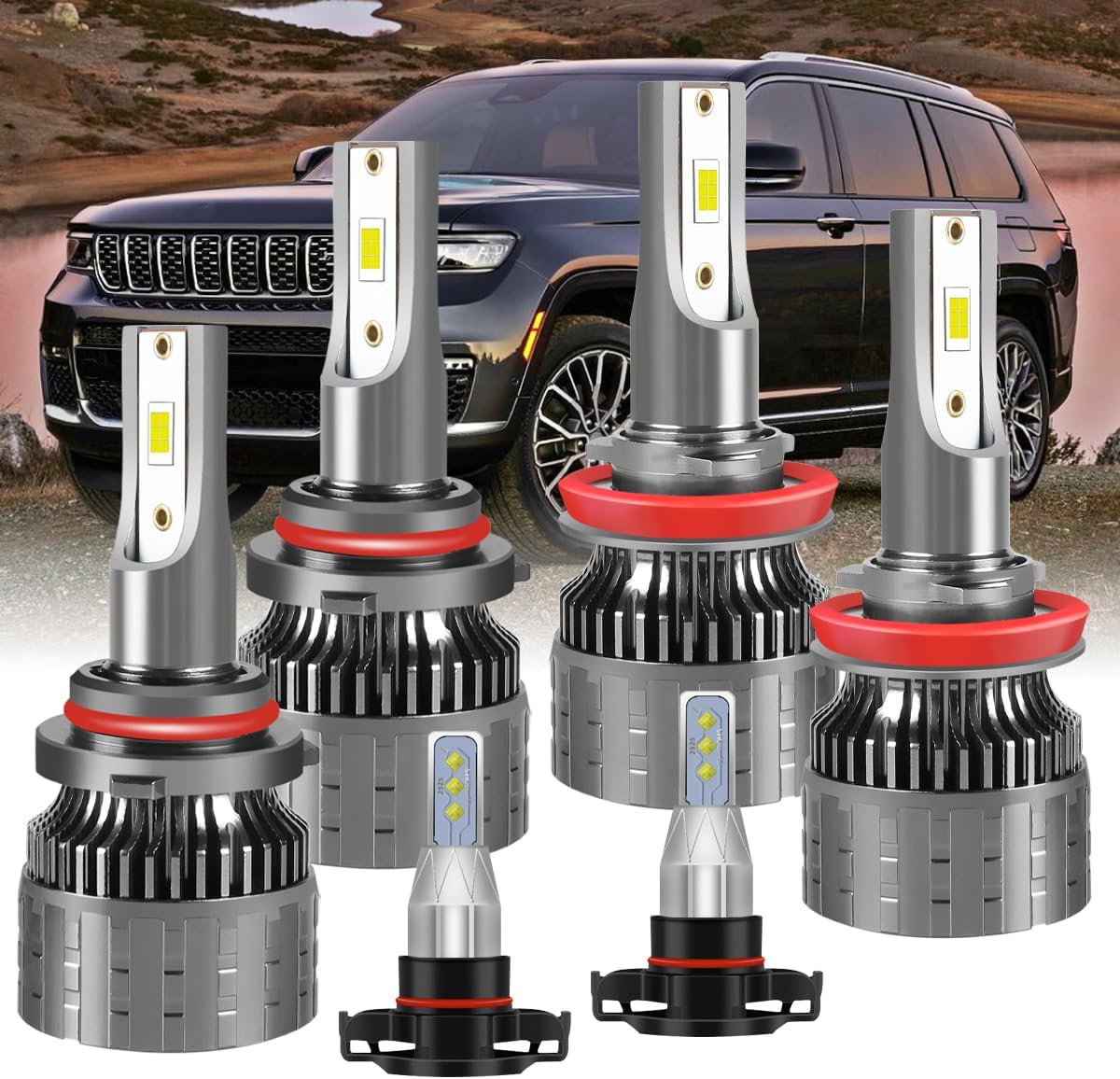 Fit for Jeep Grand Cherokee 2017-2021 Headlight Bulbs,Upgraded H11 High Beam+H11 Low Beam+H11 Fog Bulbs,6000K Cool White 38000LM 130W,Farther & Clearer,6PCS