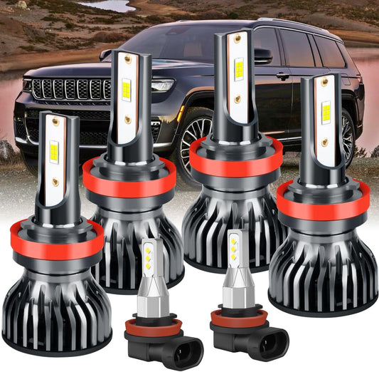 Fit for Jeep Grand Cherokee 2017-2021 Headlight Bulbs,Upgraded H11 High Beam+H11 Low Beam+H11 Fog Bulbs,6000K Cool White 38000LM 130W,Farther & Clearer,6PCS