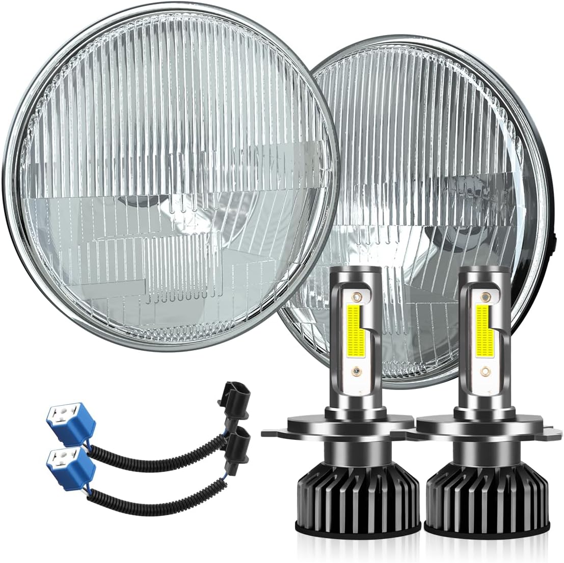 H4/9003 LED Headlight Bulbs + 7 Inch H6024 Glass Round LED Headlight Housing,Halogen Sealed High Low Dual Beam,Original Classic Look Conversion Pair Kit Pair