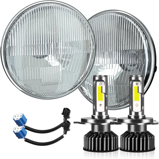 H4/9003 LED Headlight Bulbs + 7 Inch H6024 Glass Round LED Headlight Housing,Halogen Sealed High Low Dual Beam,Original Classic Look Conversion Pair Kit Pair