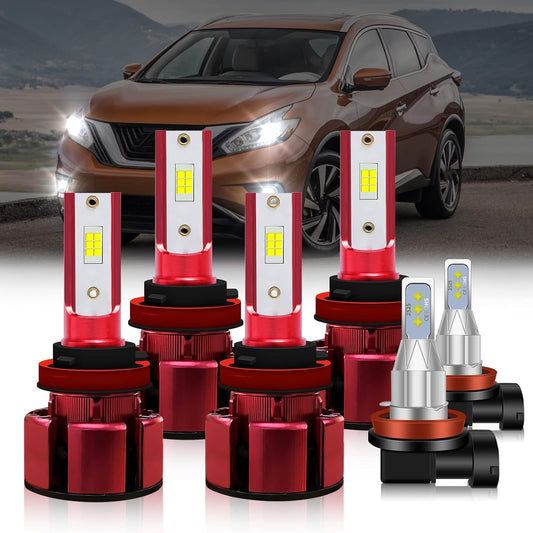 Fit 2015-2018 for NISSAN MURANO Headlight Bulbs,H9/H11 High Beam+H11/H9 Low Beam+H11/H8/H16 Fog Light 500% Brightness Bulbs 38000LM 6500K 80W,1:1 Size Plug-and-Play,6pcs