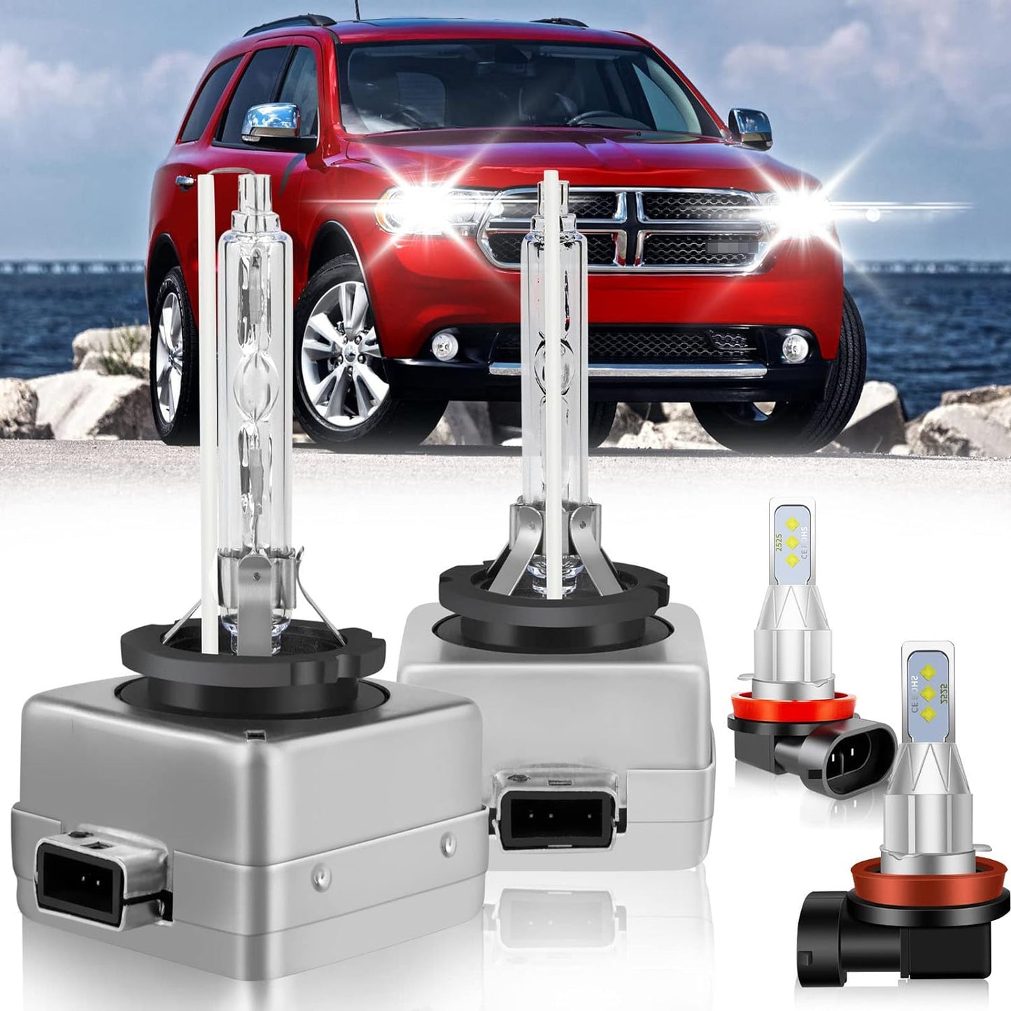 Fit for Dodge Durango 2014-2020 Led Headlight Bulbs, D3S Hid Headlight Bulbs High&Low Dual Beam+H11 Led Fog Light Bulbs 6500K 36000LM, Super Bright D3S H11 Light Bulbs, 4PCS D3S H11 Headlights