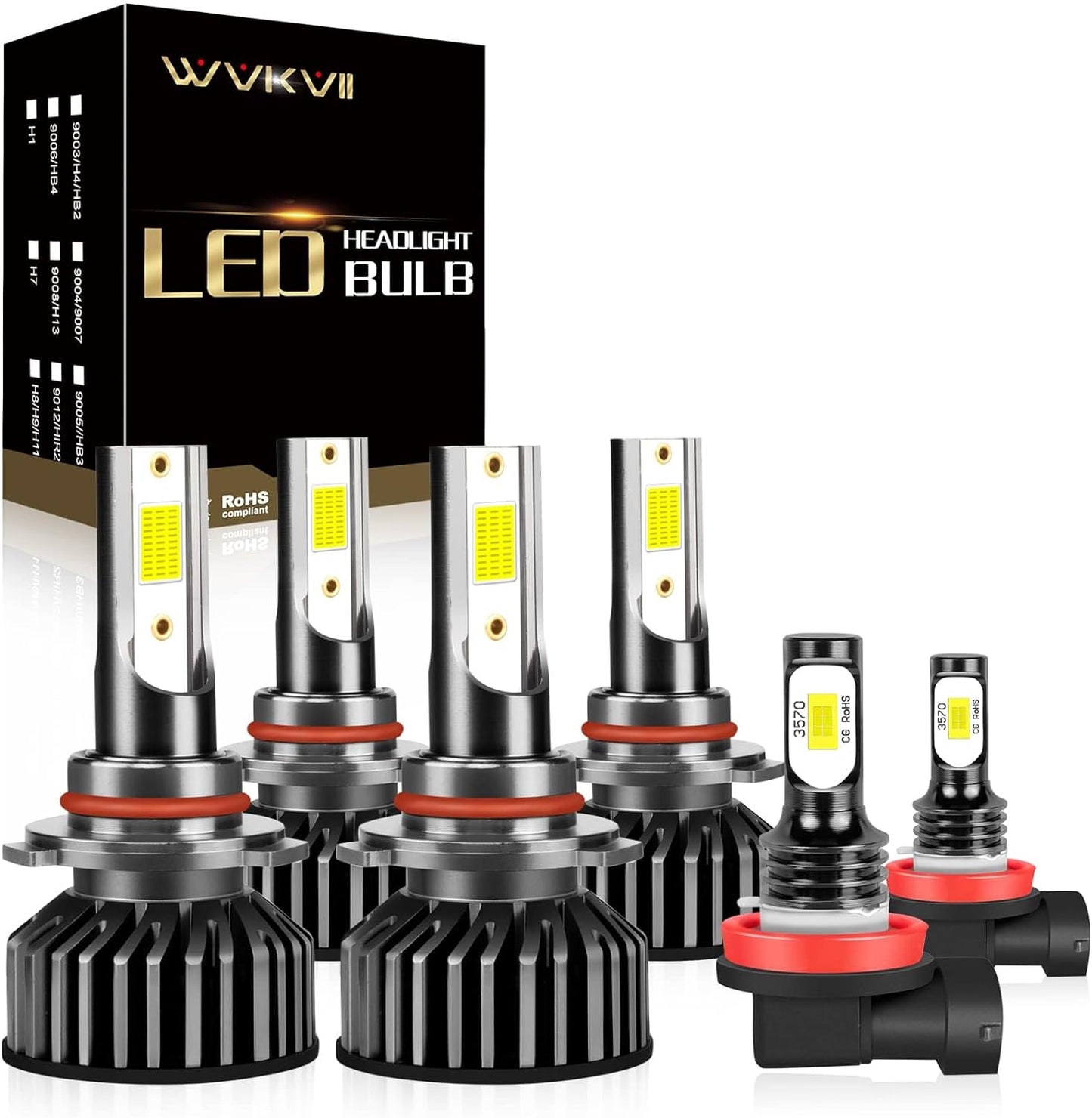 Fit For Hyundai Santa Fe 2019 2020 LED Bulbs 9005/HB3 High Beam + 9005 Low Beam+ H11 Fog Lights Bulbs Kit, Super Bright 6000K Cool White,Pack of 6