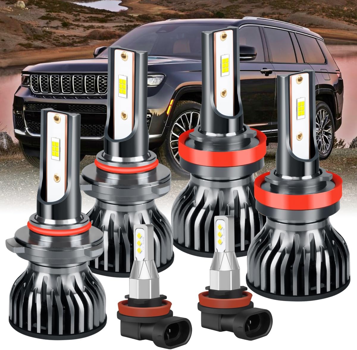 Fit for Jeep Grand Cherokee 2017-2021 Headlight Bulbs,Upgraded H11 High Beam+H11 Low Beam+H11 Fog Bulbs,6000K Cool White 38000LM 130W,Farther & Clearer,6PCS