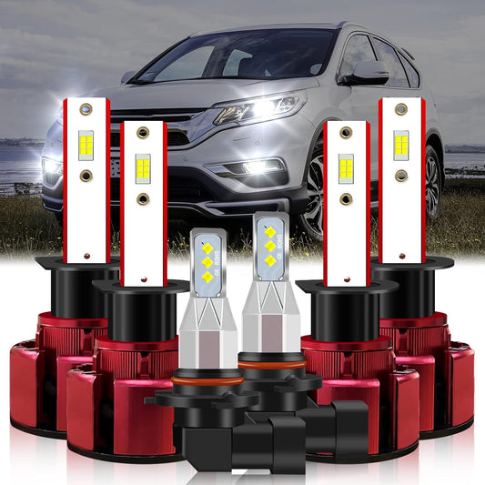 Fit for CR-V(2005-2006) CRV Led Headlight Bulbs,H1 High Beam+H1 Low Beam+9006/9005/9145 Fog Light Led Bulbs 500% Brightness 80W 38000LM 6800K White 6pcs Led Bulbs Kit
