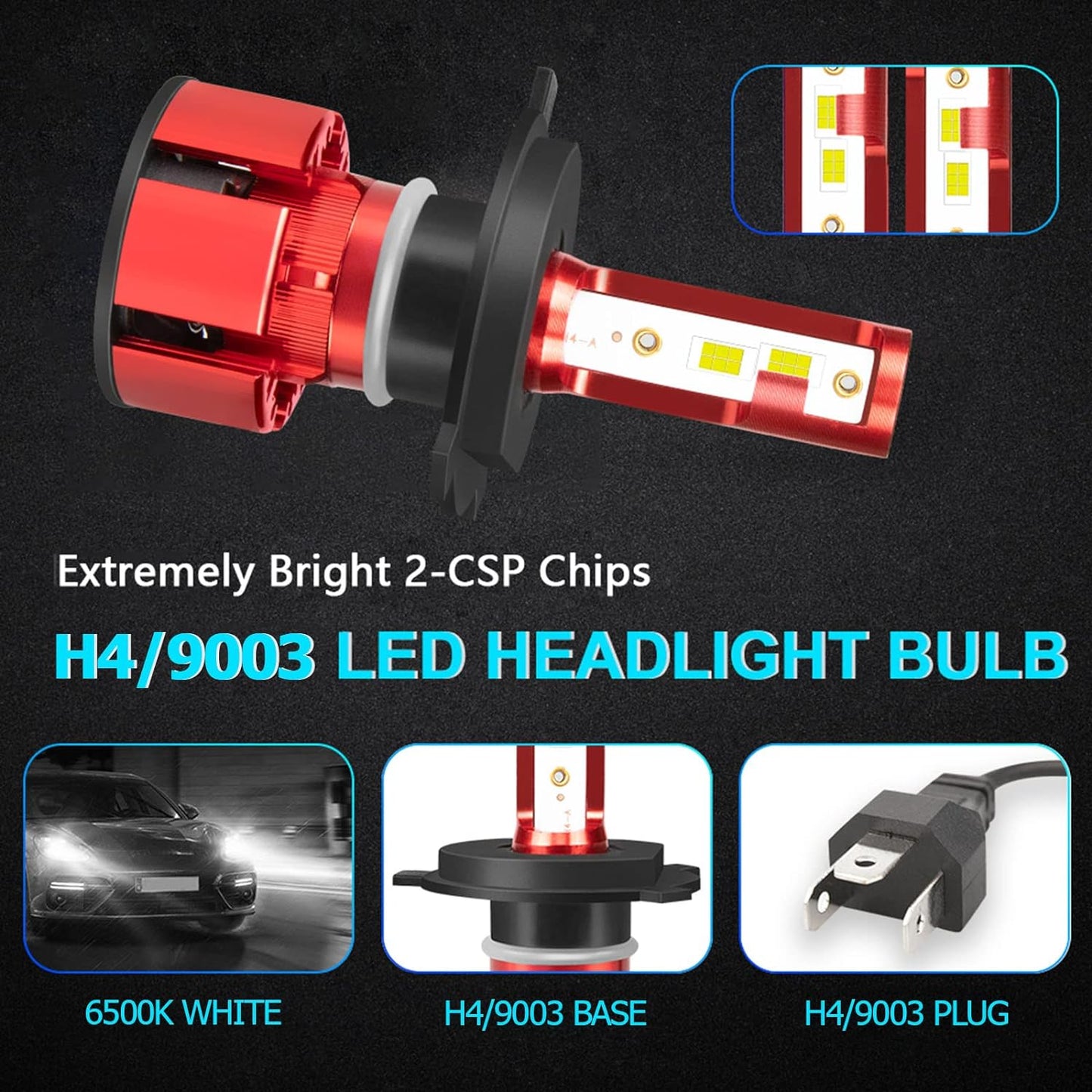 Fit for Honda Civic 1992-2003 Headlight Bulbs, 9003 Headlights Hi&Lo Dual Beam Kit, 500% Brightness 9003 Light Bulbs, 6500K White 36000LM 9003 Headlight Bulbs, 6pcs