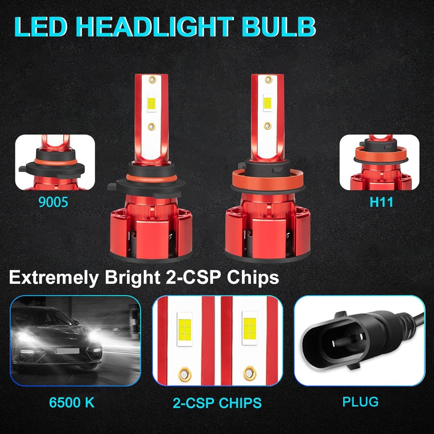 Fit For Ford Escape 2013-2016, 2017-2019 LED Headlight Bulbs, H11 9005 LED Headlight Bulbs High&Low Beam, 36000LM 6500K White 500% Super Bright H11 9005 LED Headlights, 4pcs