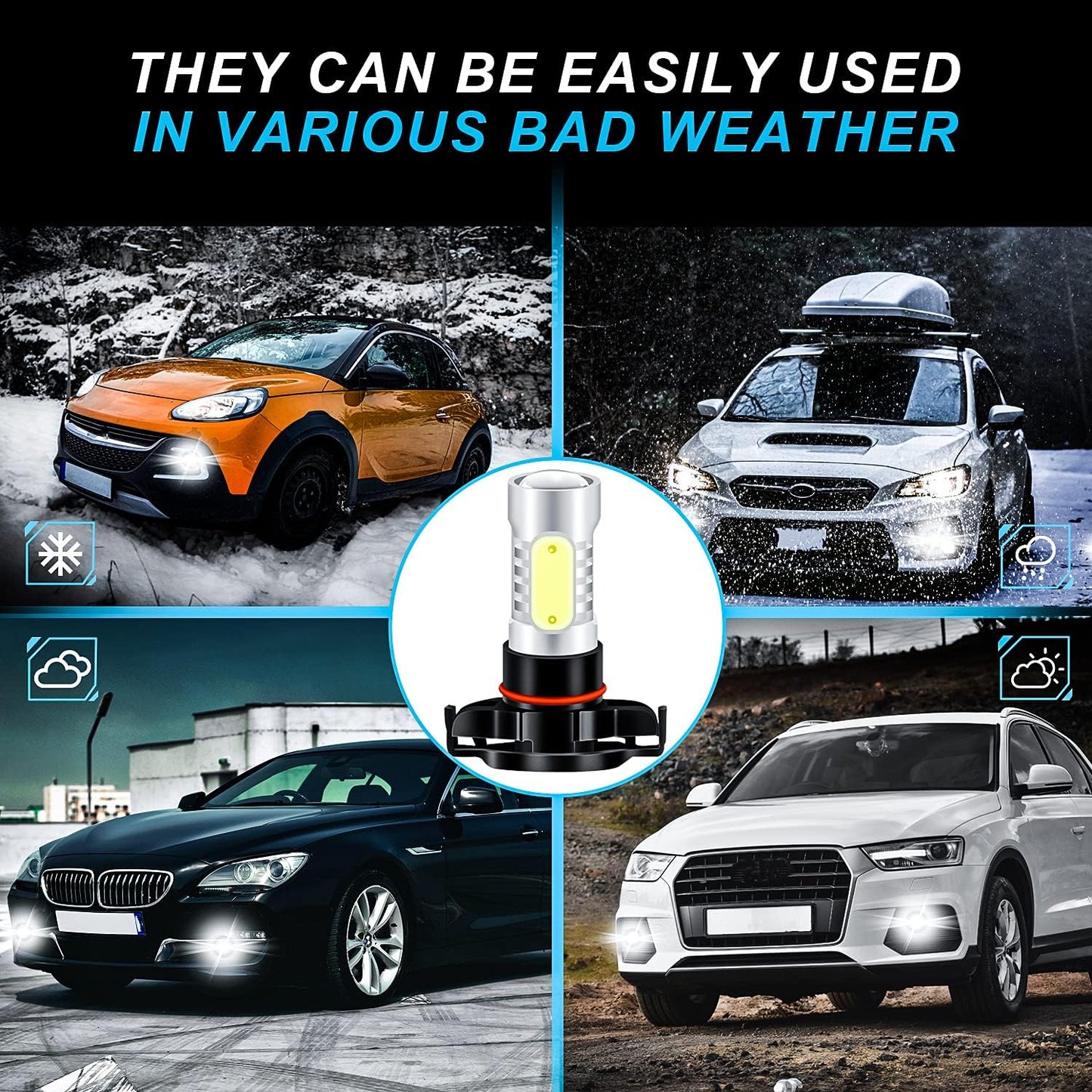 SHENKENUO 5201/5202 LED Fog Light Bulbs, 6000K Cool White, DRL Bulbs Replacement for 12V 24V Cars, Pack of 2